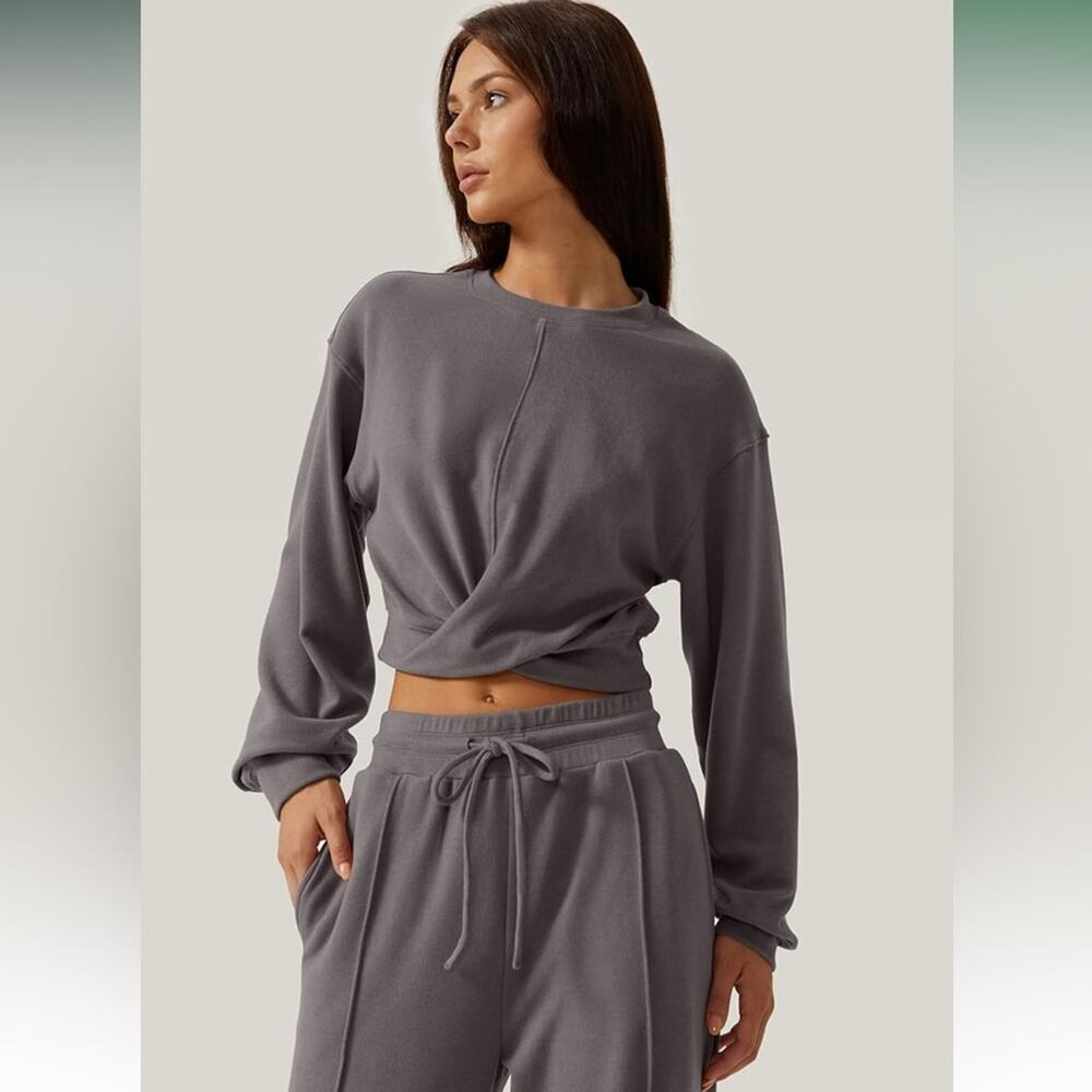 Women 2 Piece Outfits Sweatpants Set Twist Front Cropped Sweatshirt Wide Leg M - Picture 4 of 5